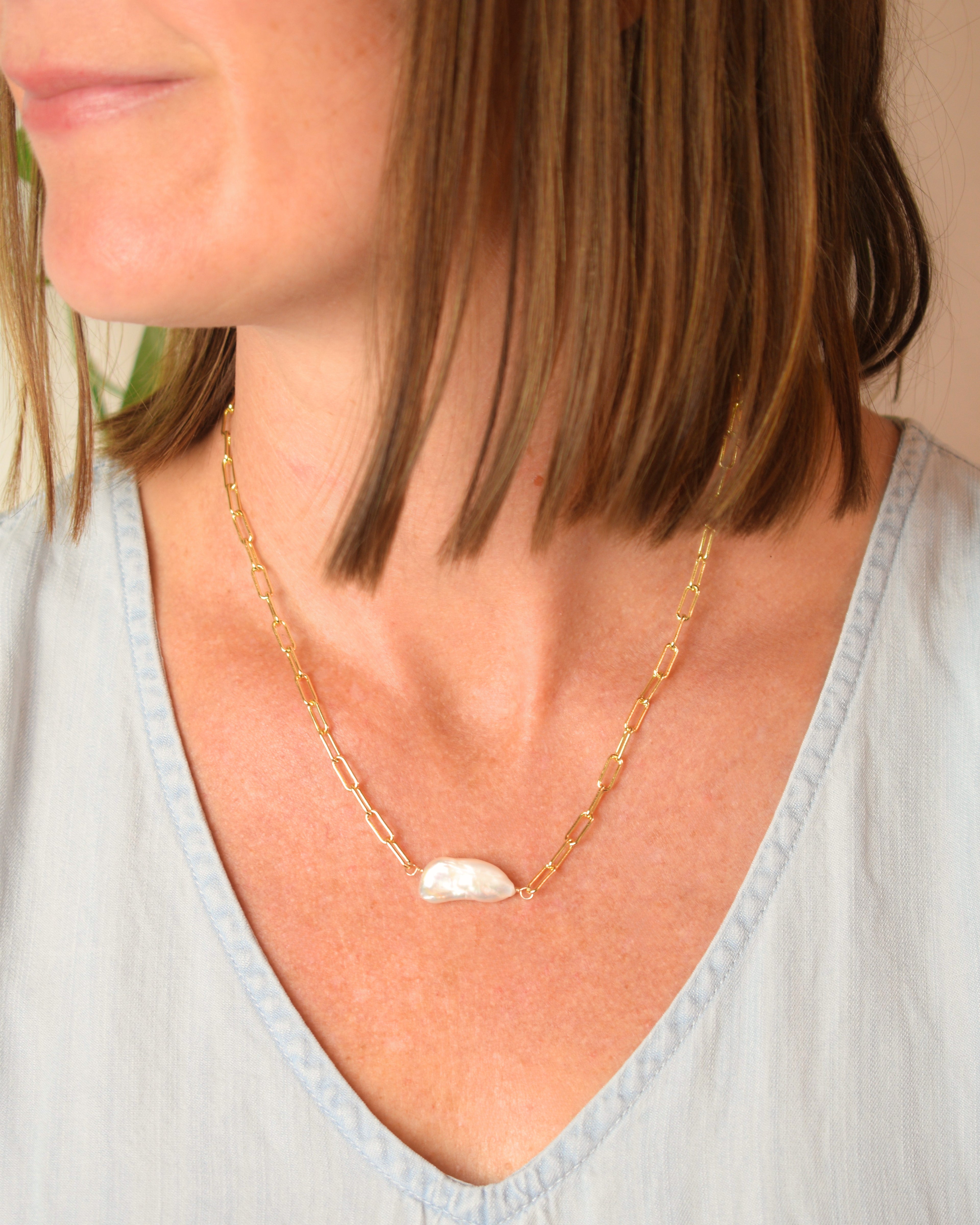 Pearl Station Paperclip Chain Necklace