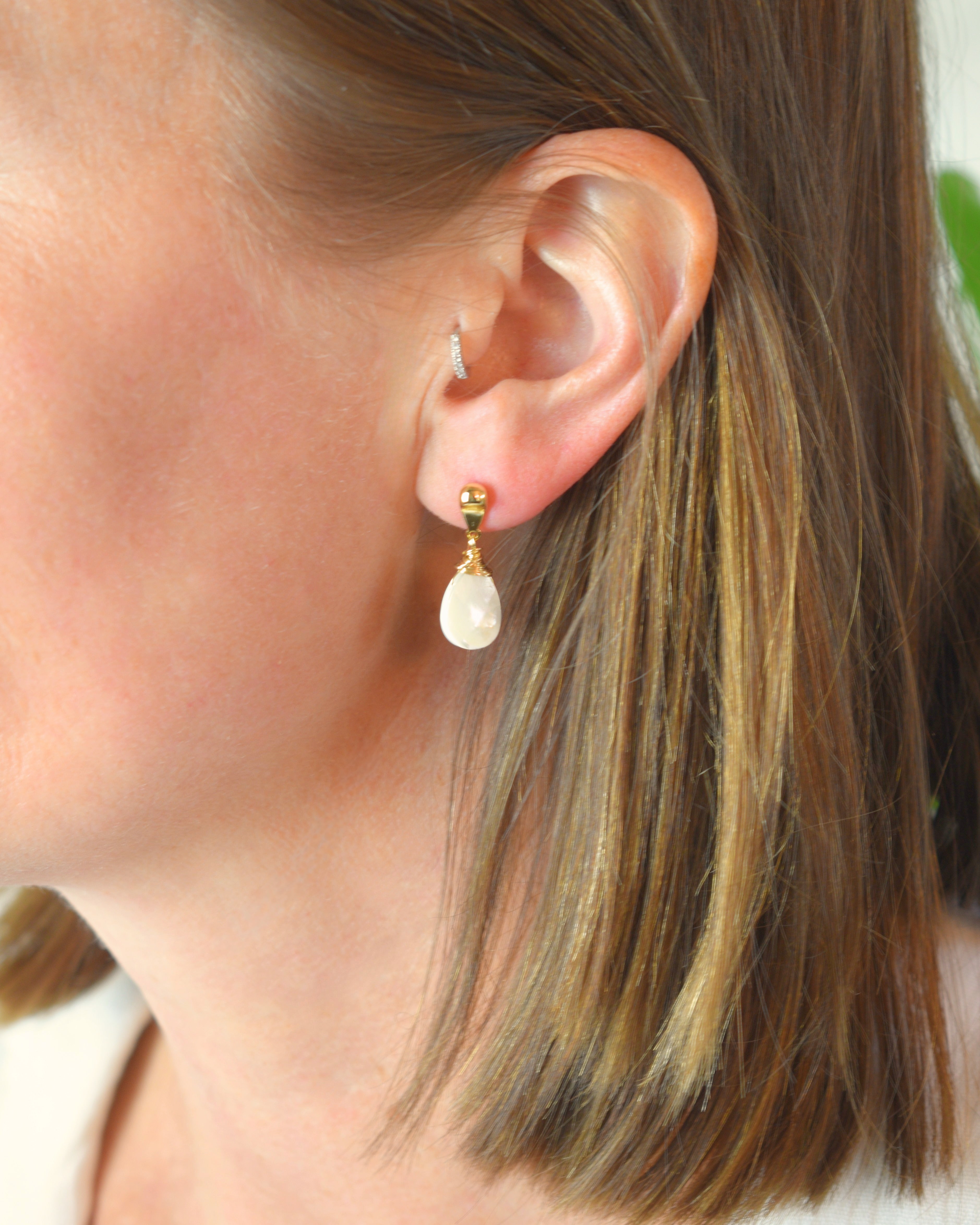 Crowned Mother of Pearl Mirrored Reflected Teardrop Post Earrings