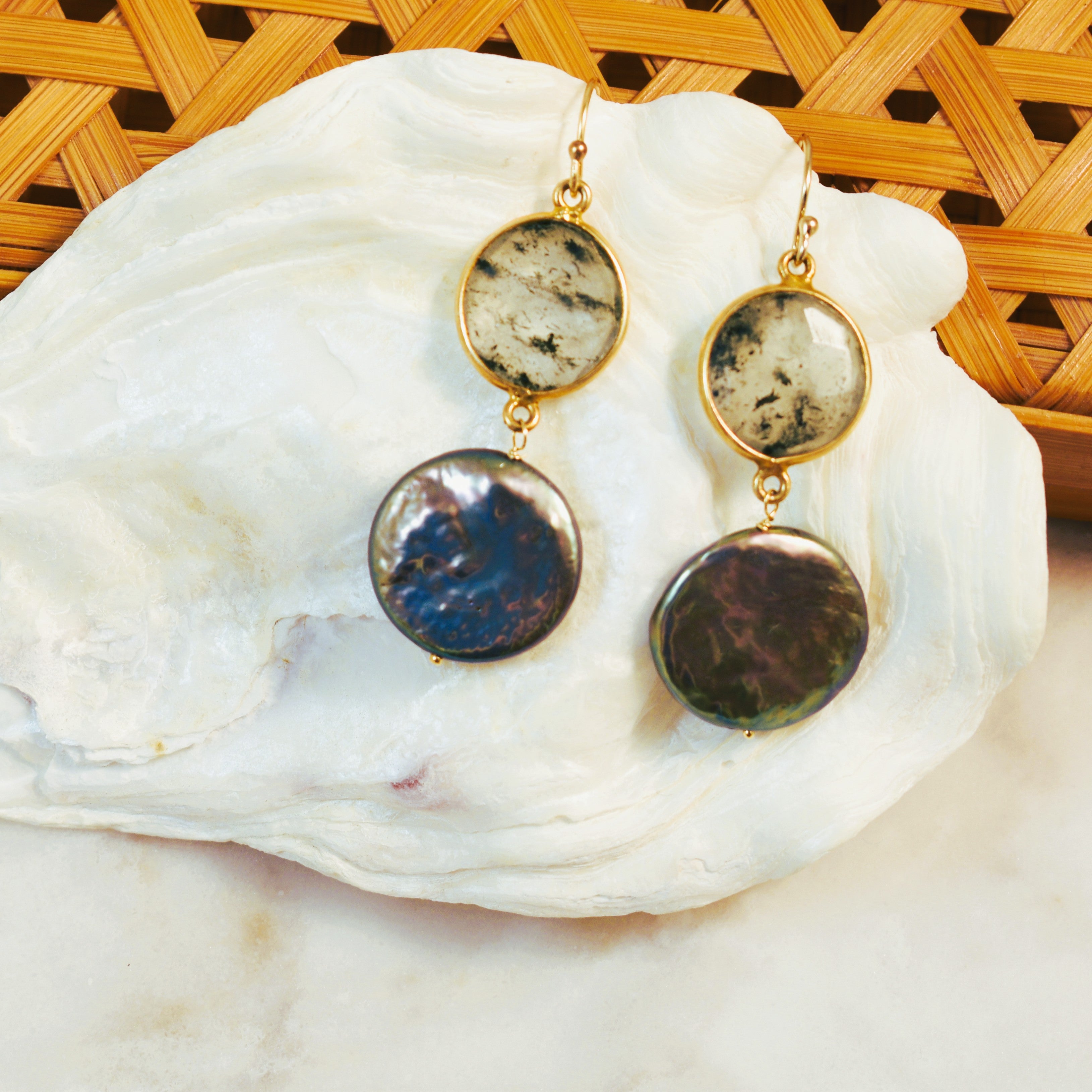 Black Coin Pearl Bezel Earrings