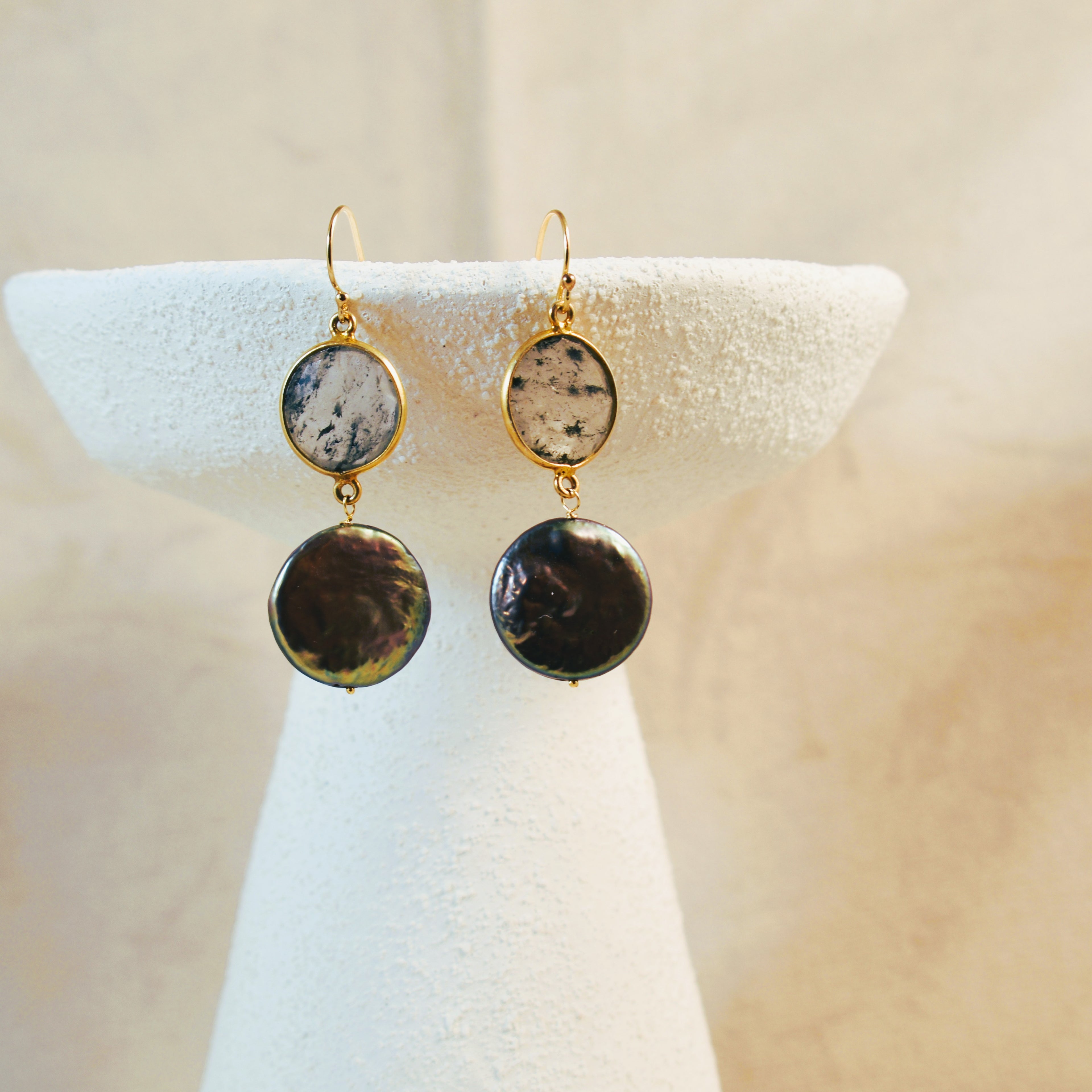 Black Coin Pearl Bezel Earrings
