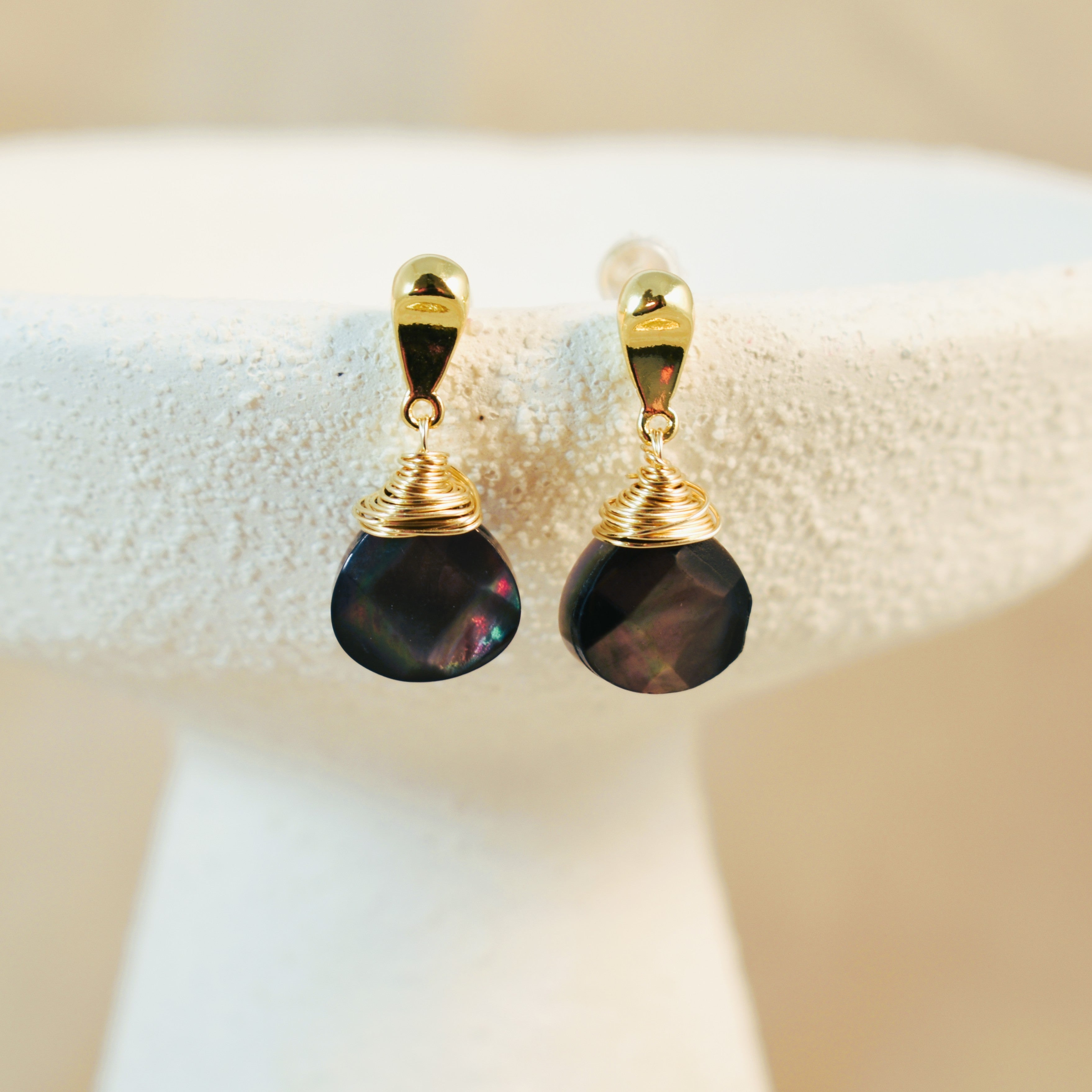 Crowned Black Mother of Pearl Post Earrings