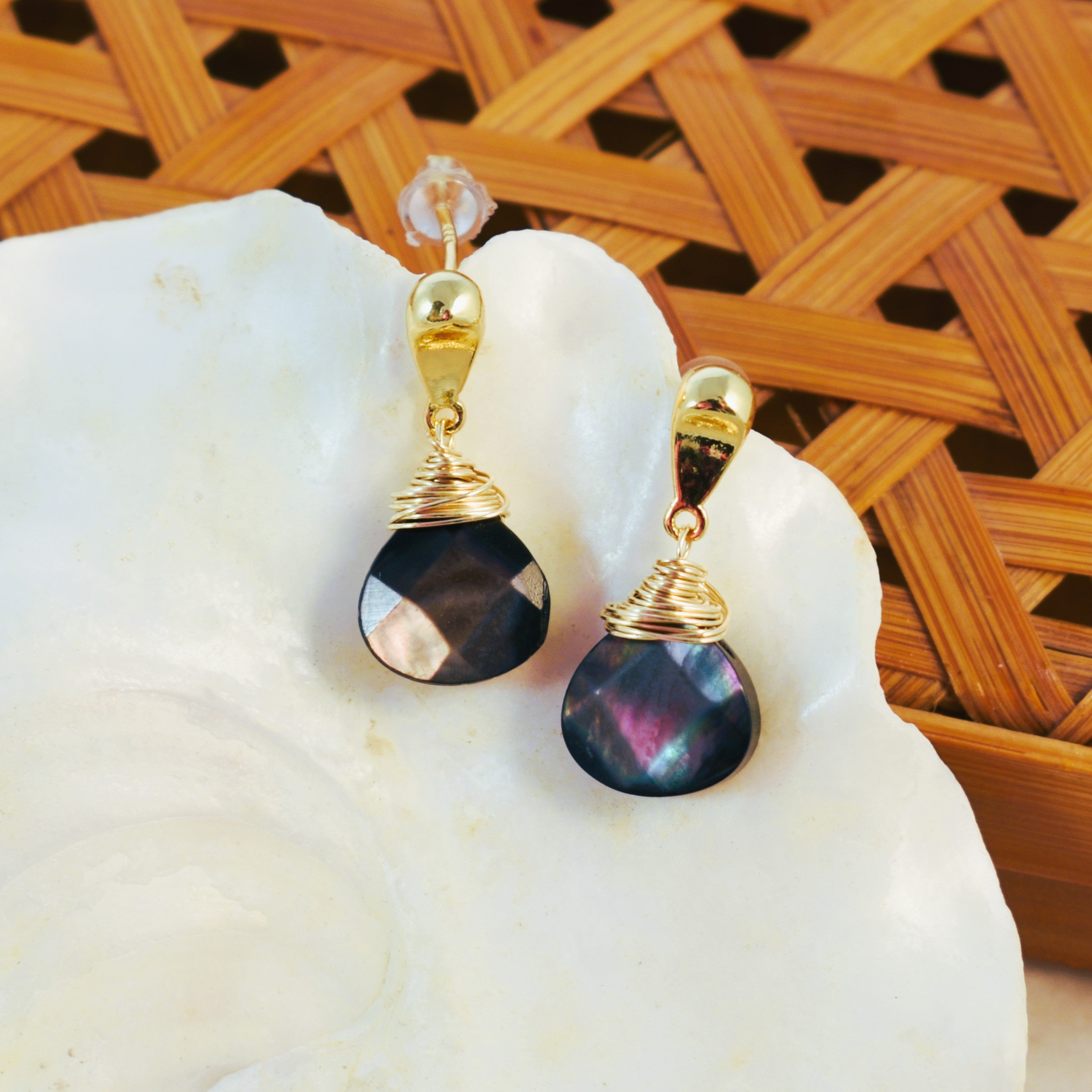 Crowned Black Mother of Pearl Post Earrings