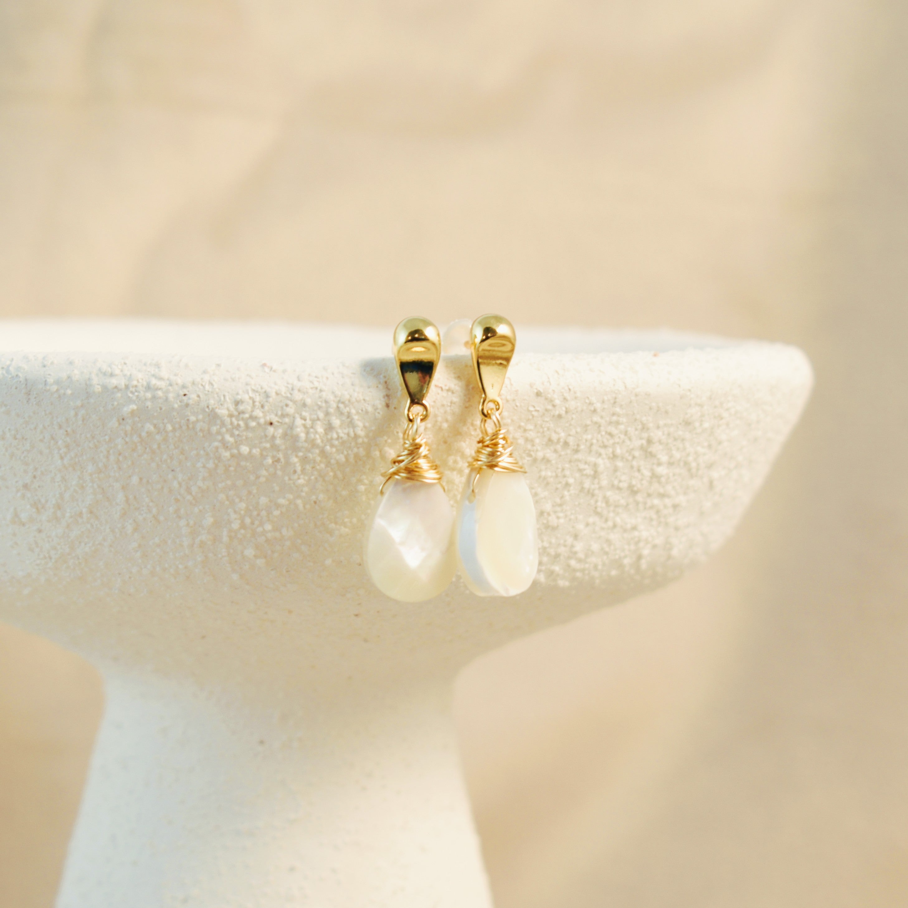 Crowned Mother of Pearl Mirrored Reflected Teardrop Post Earrings
