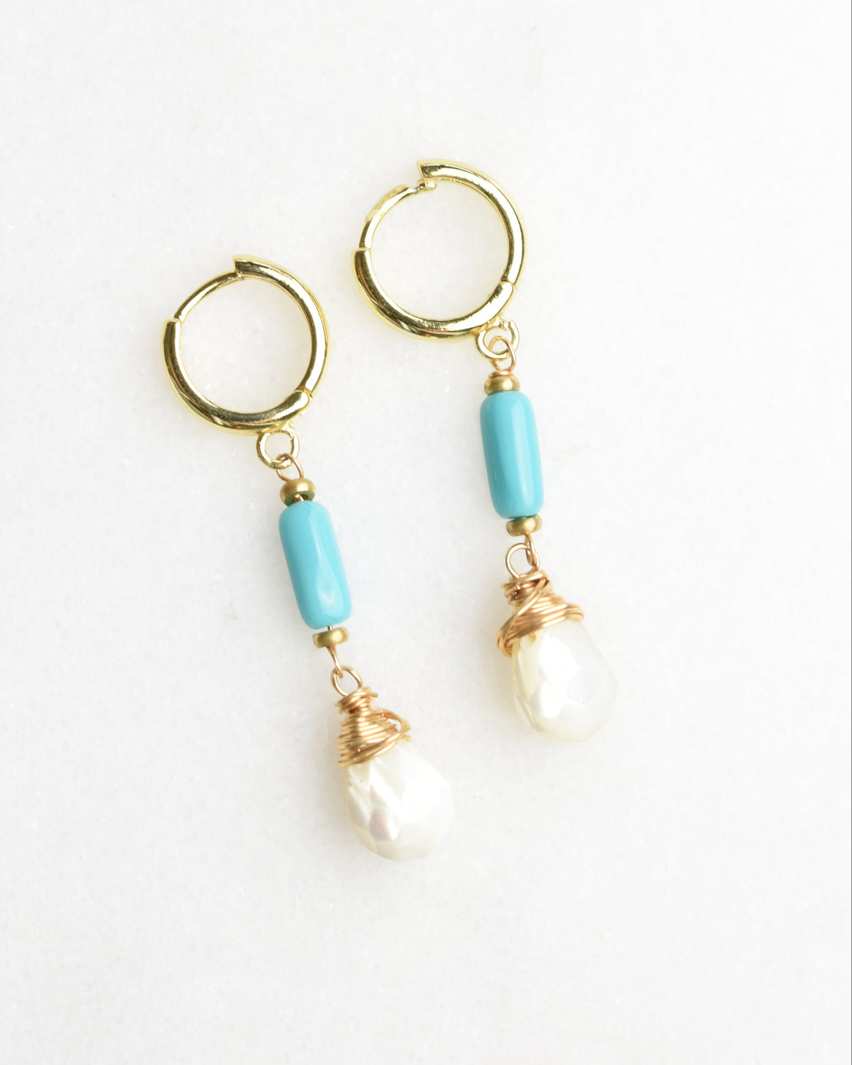 Turquoise Mother of Pearl Crowned Huggie Earrings