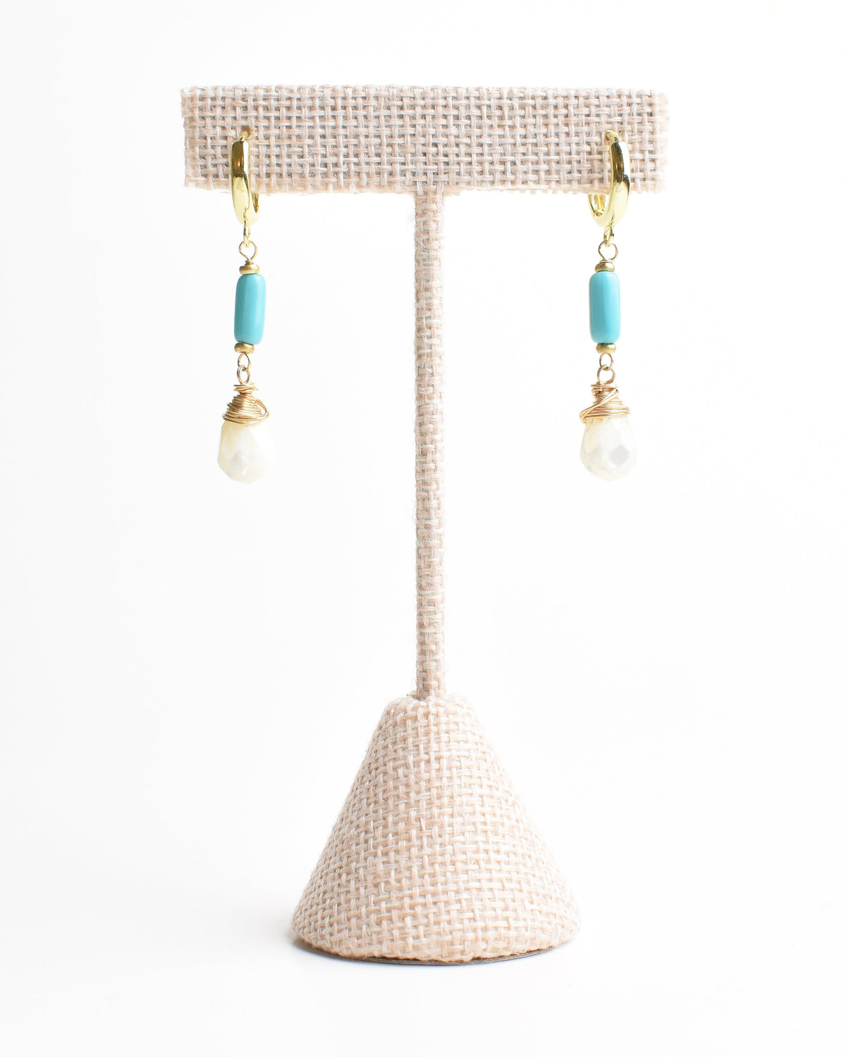 Turquoise Mother of Pearl Crowned Huggie Earrings