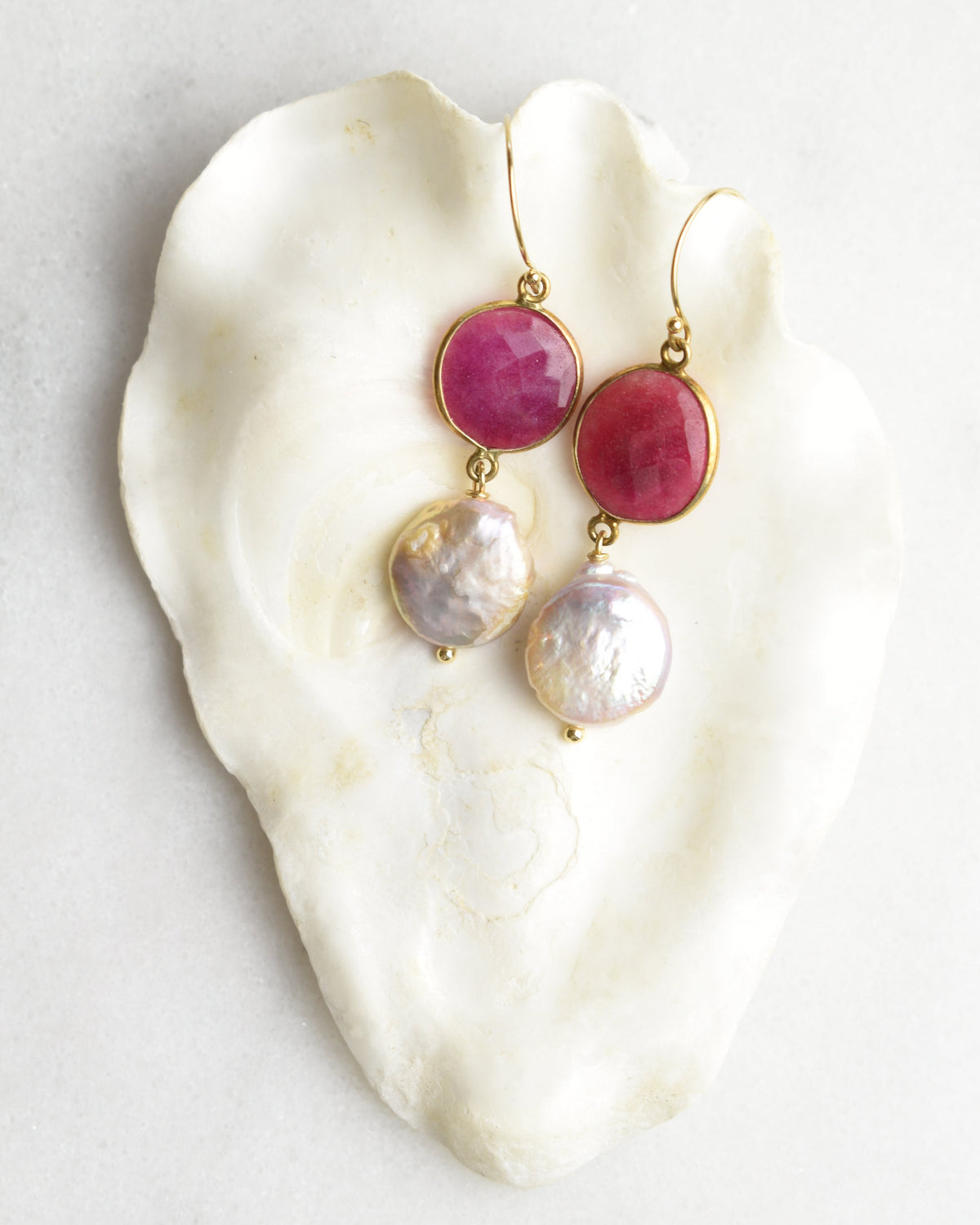 Coin Pearl Ruby Bezel Earrings