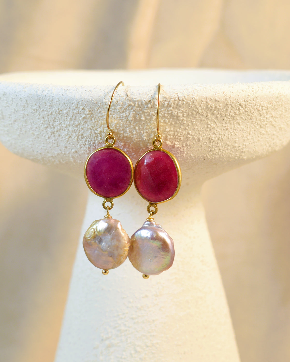 Coin Pearl Ruby Bezel Earrings
