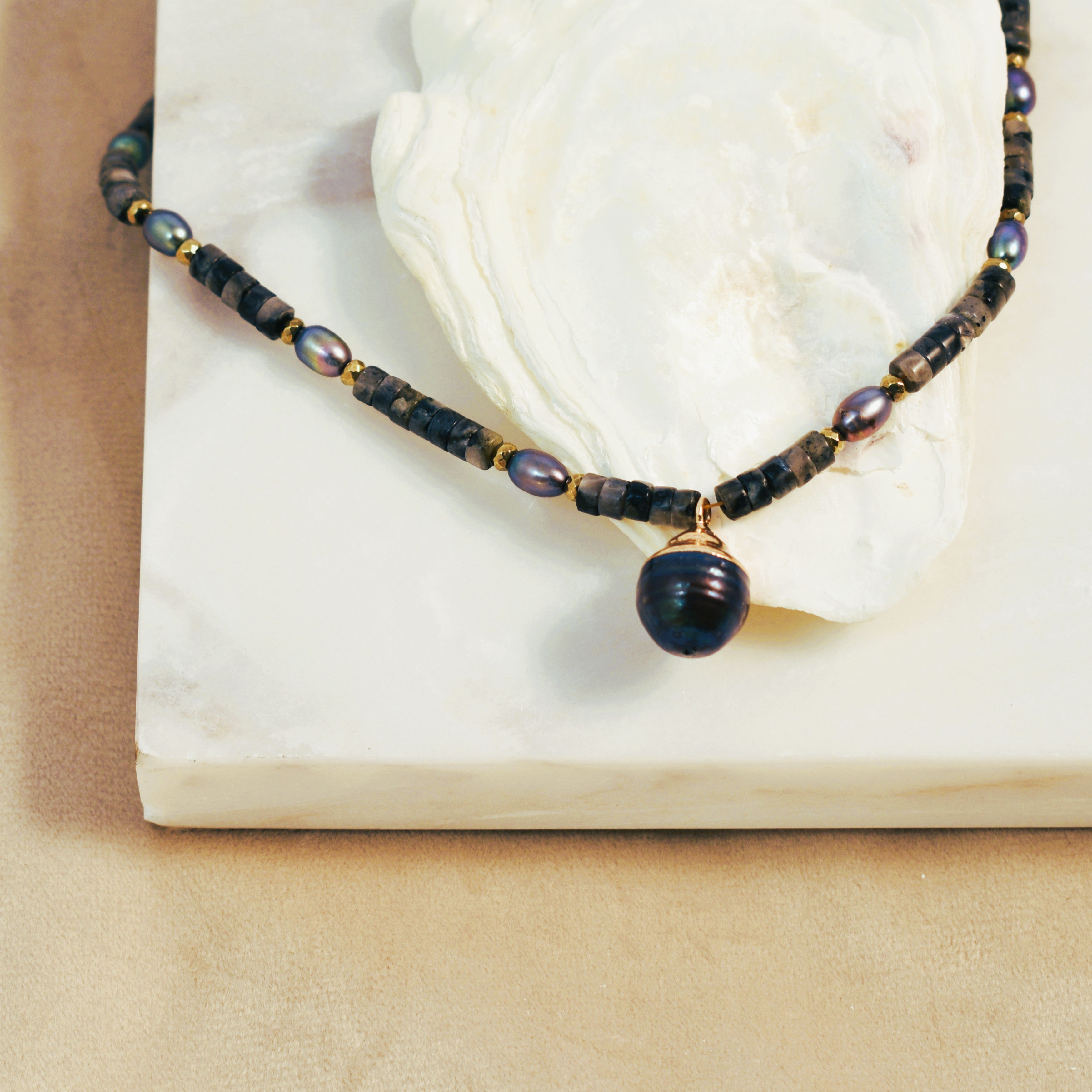 Midnight Seas Pearl Pendant Collar Necklace