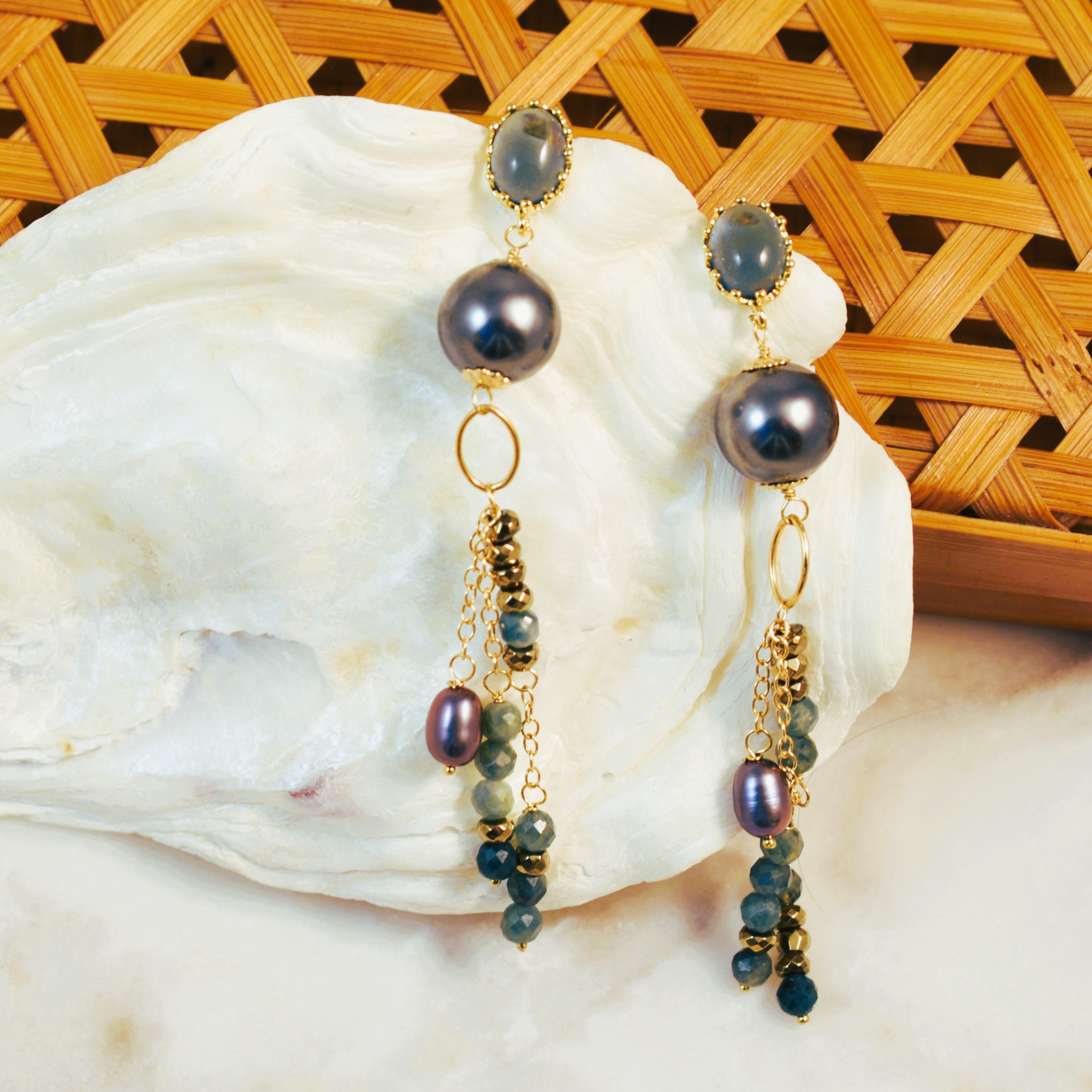 Moody Seas Black Shell Post Earrings