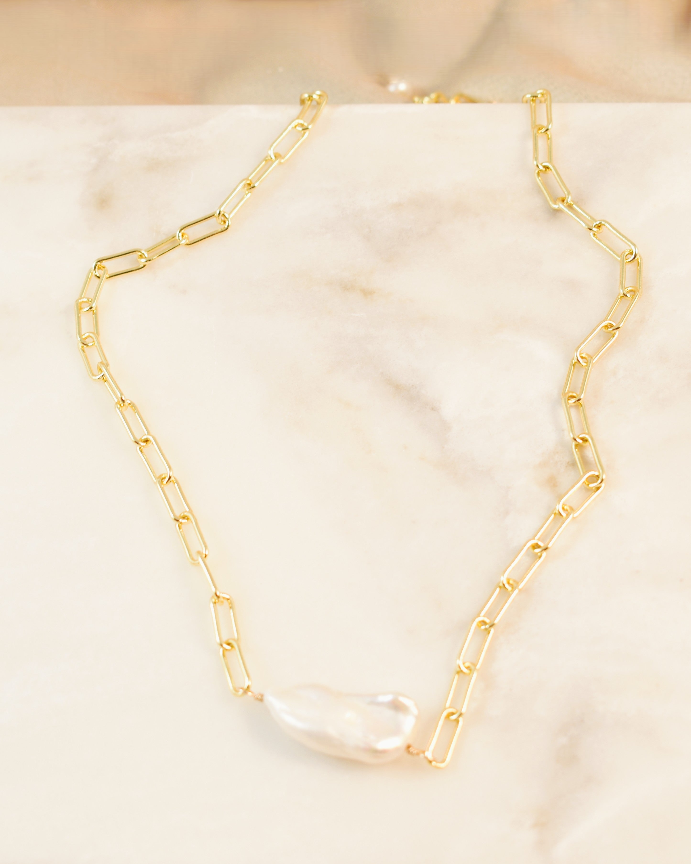Pearl Station Paperclip Chain Necklace
