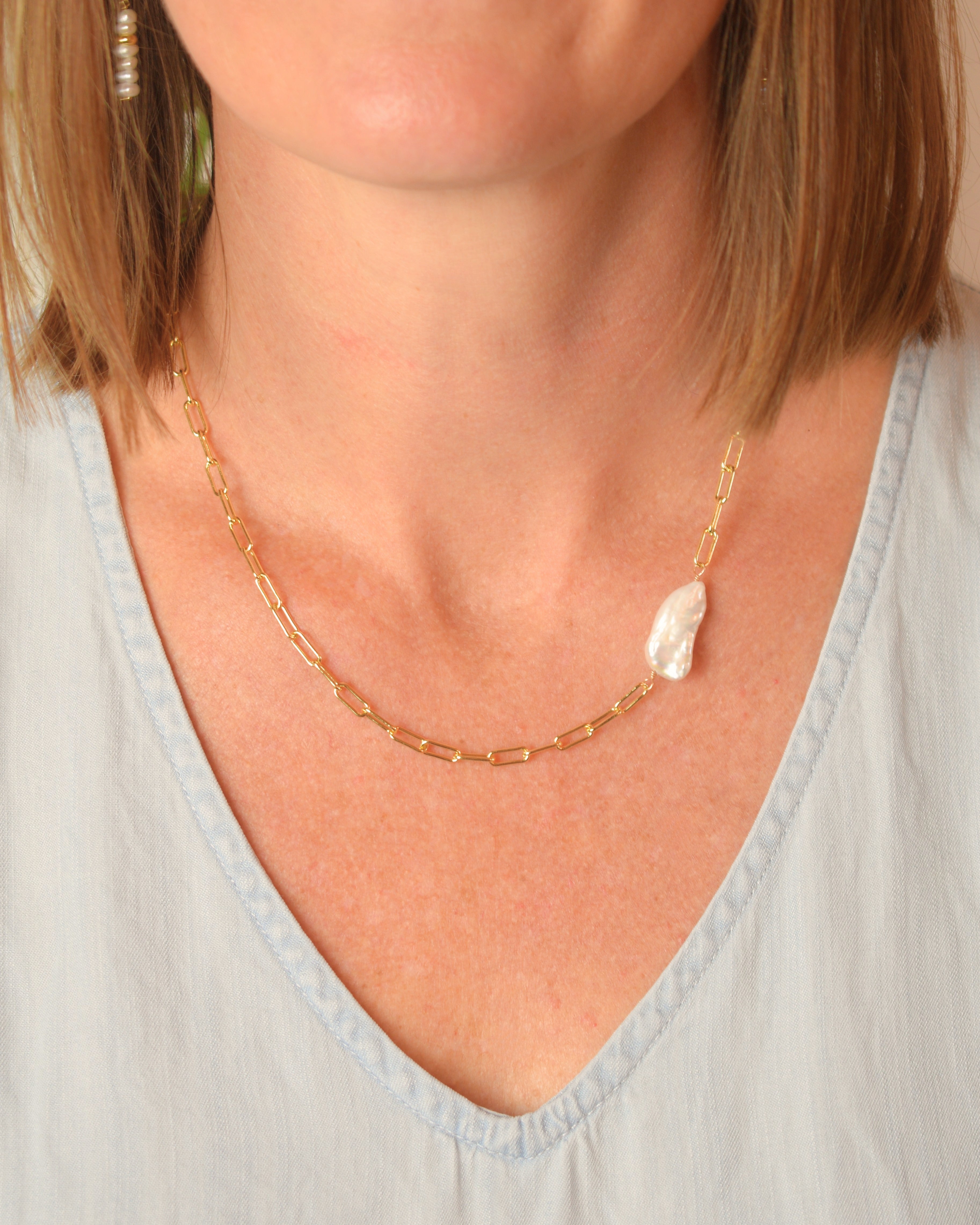 Pearl Station Paperclip Chain Necklace