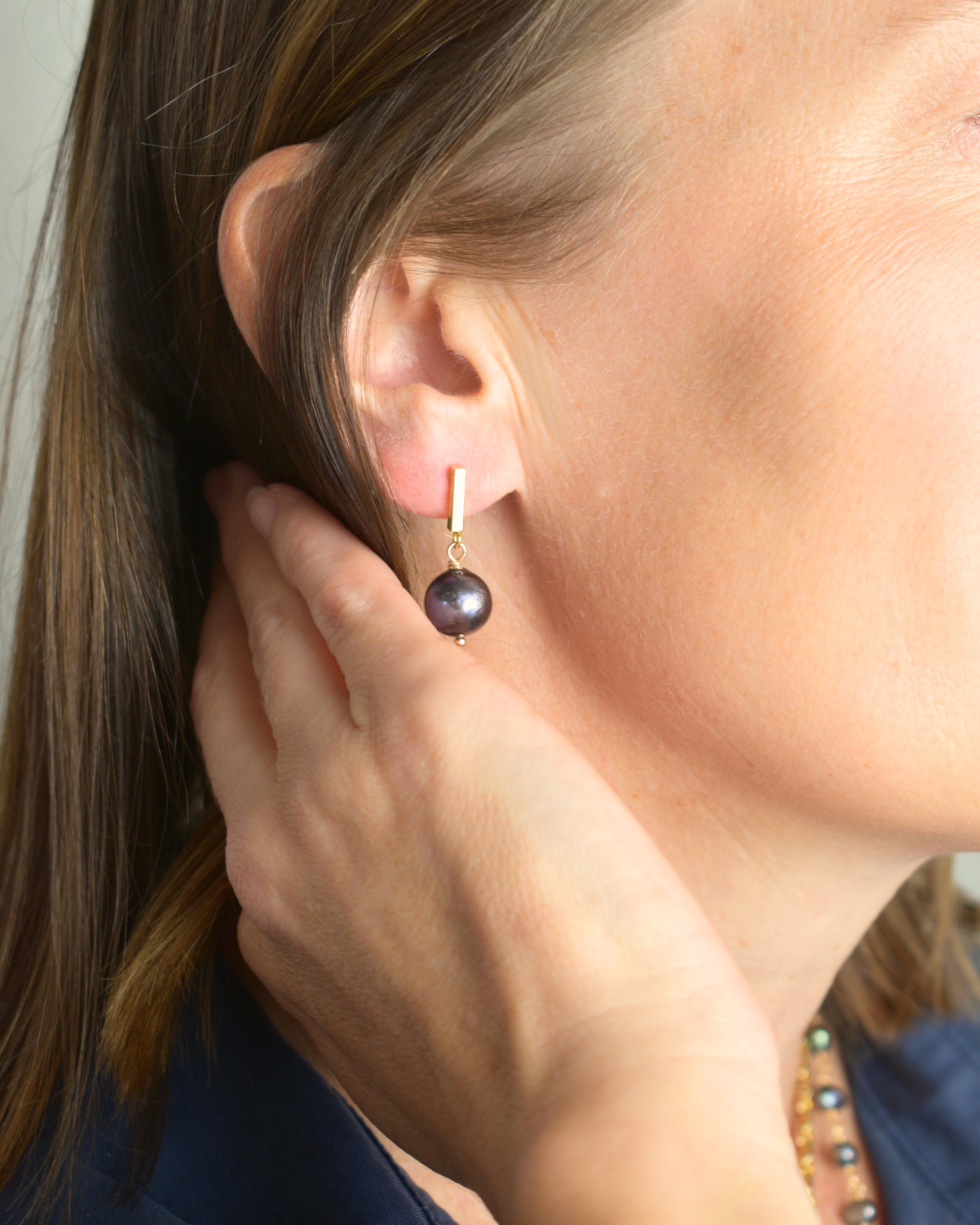 Modern Black Pearl Post Earrings